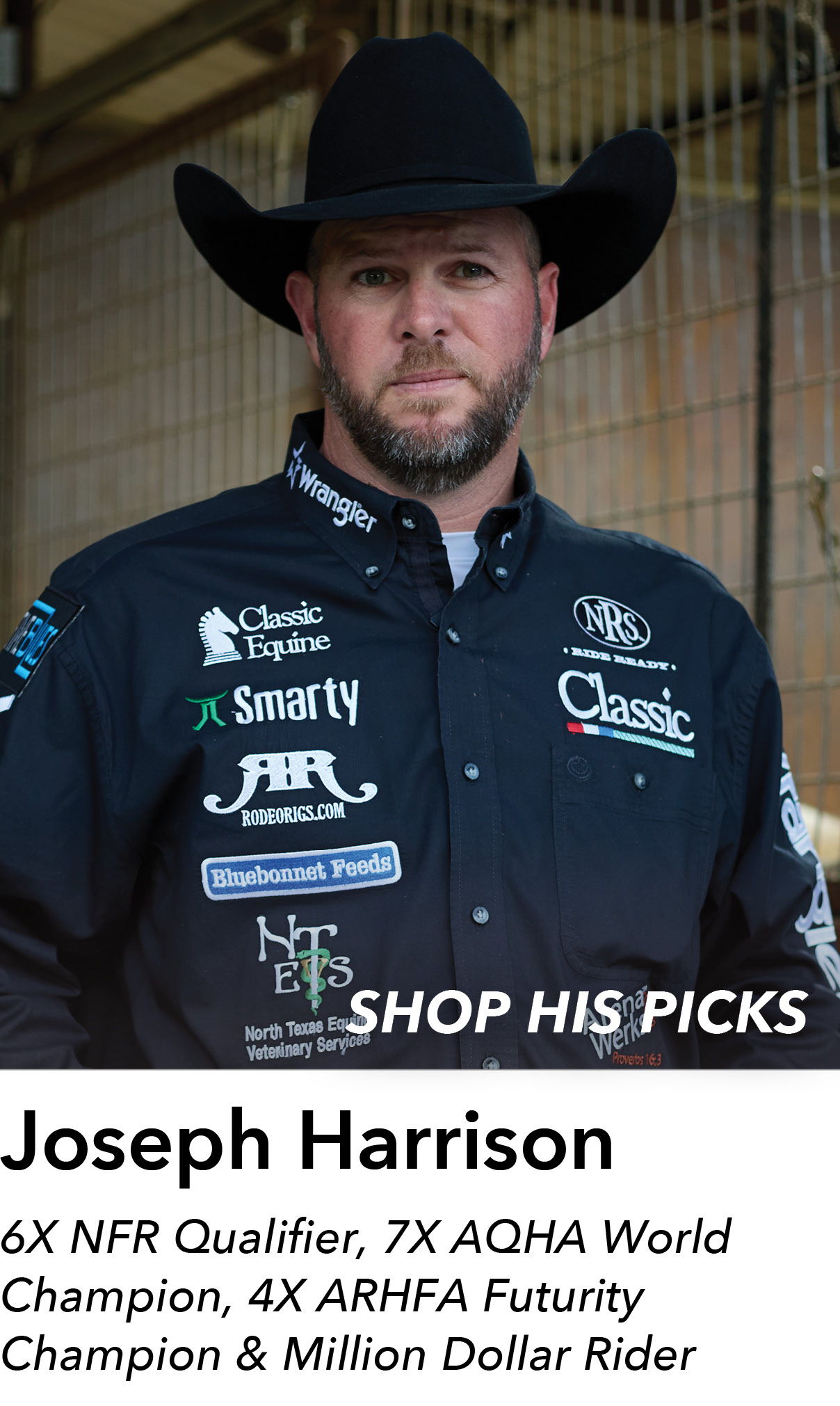 Cowboy in black hat, wearing a shirt with sponsor logos.