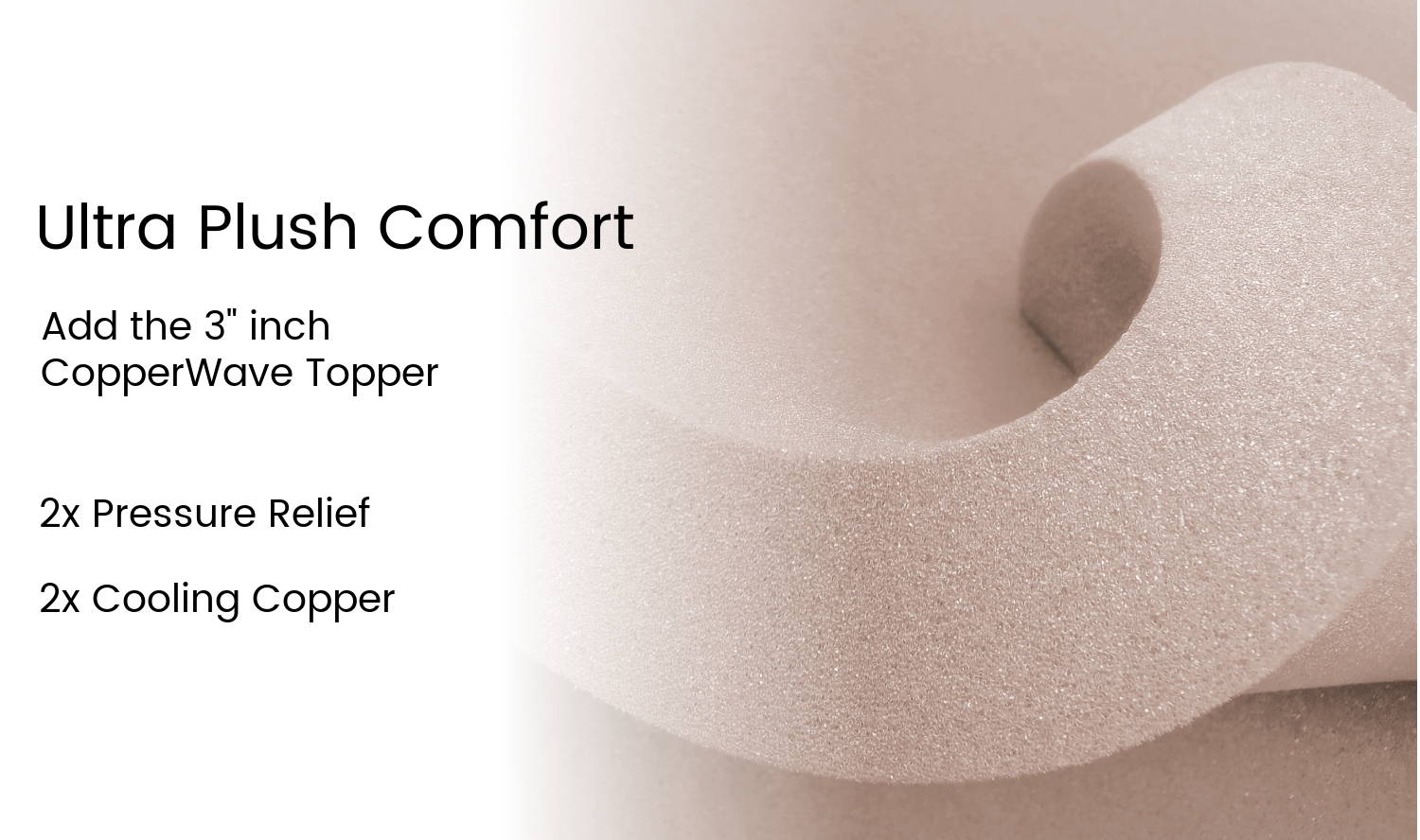 Close up of copper-infused gel memory foam topper with 2 times the pressure relief and 2 times the cooling copper.