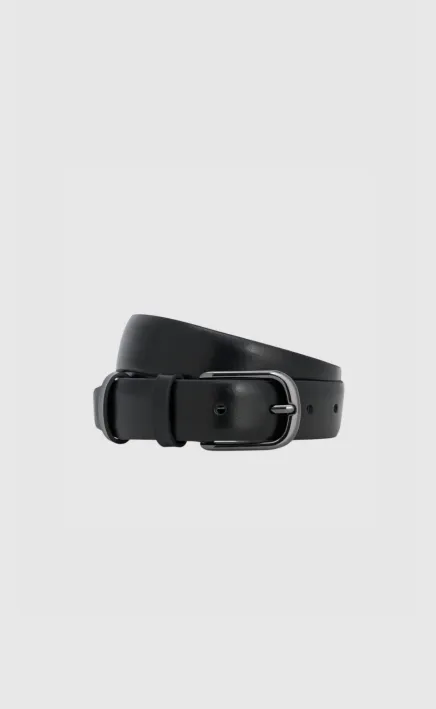 Black leather belt with a silver buckle.
