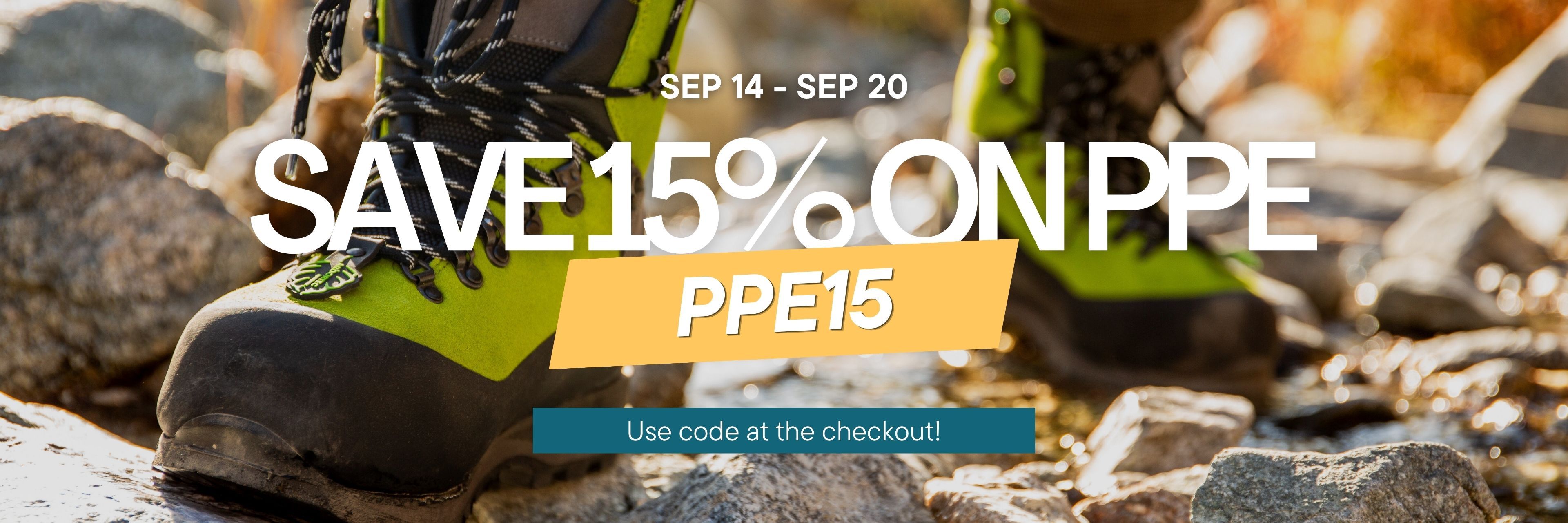 Save 15% on PPE with code PPE15, featuring boots on rocky terrain.
