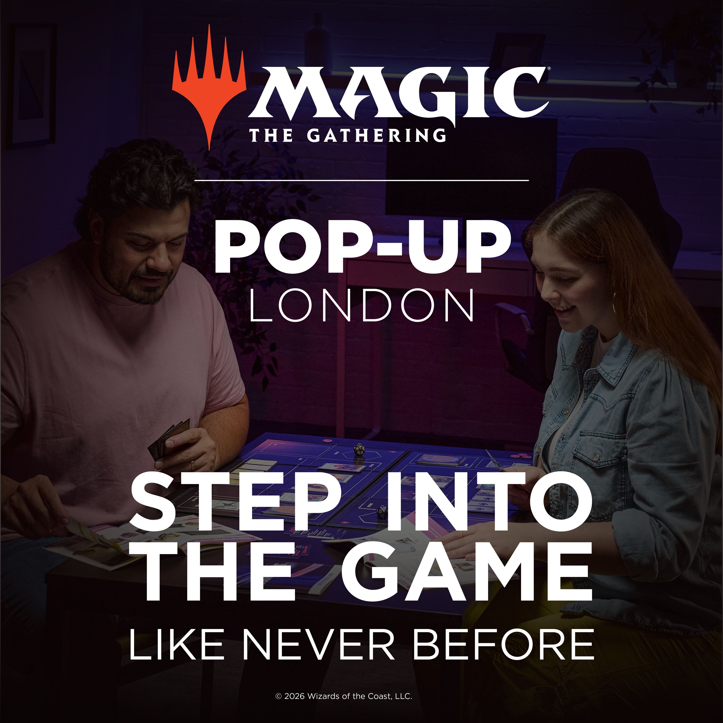 Magic: The Gathering pop-up event in London, inviting players to join the game.