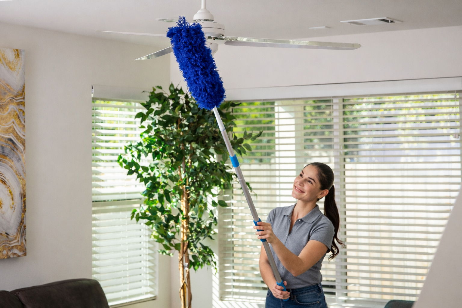 Woman cleaning a ceiling fan with a blue duster in a bright room.