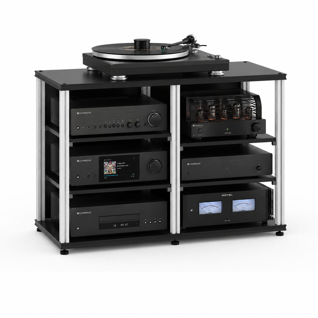A modern audio equipment rack with a turntable and multiple devices.