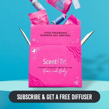 Pink box with fragrance samples and promotional text for ScentFit.