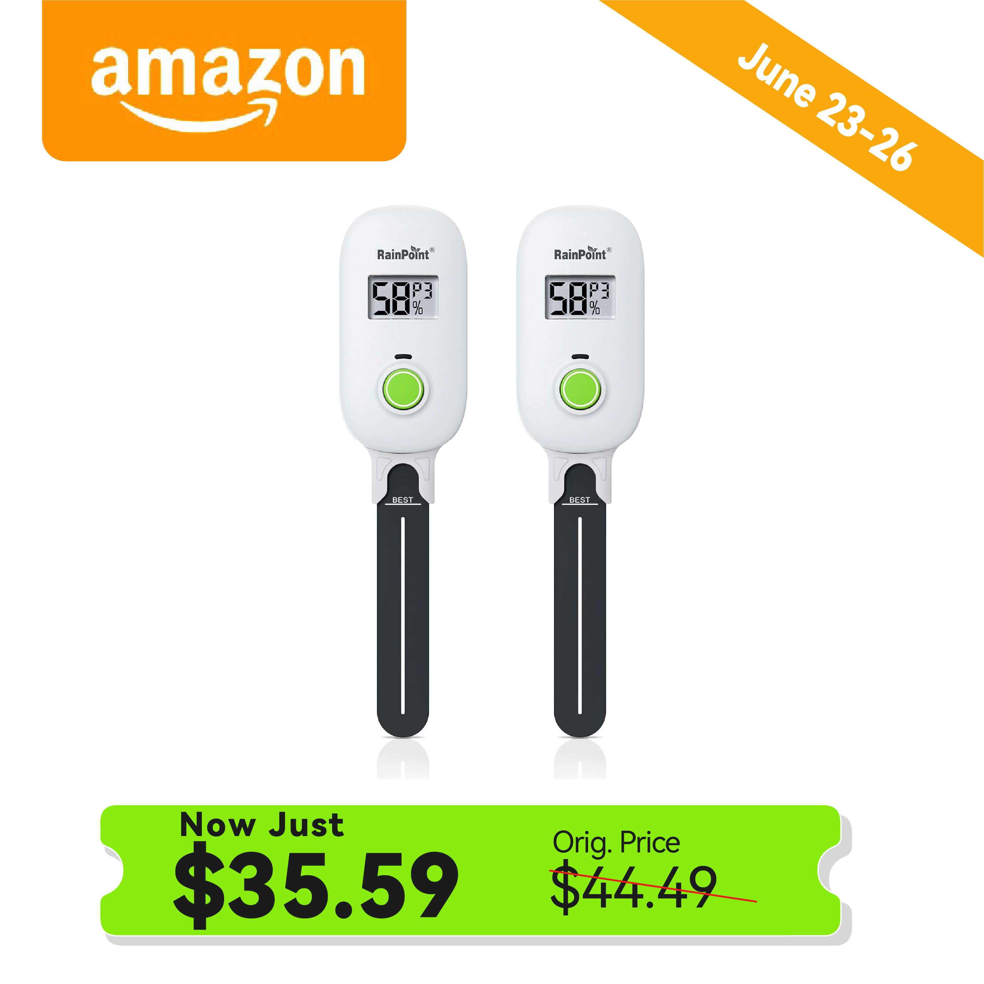 Two digital thermometers with price tags and promotional details.