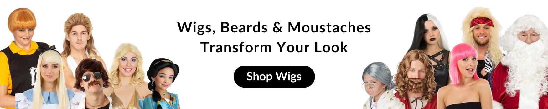 Collage of different wigs, beards and moustaches. Shop all 