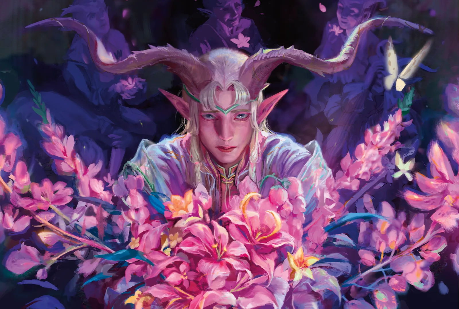 mtg lorwyn eclipsed figure with horns surrounded by vibrant pink flowers and butterflies.