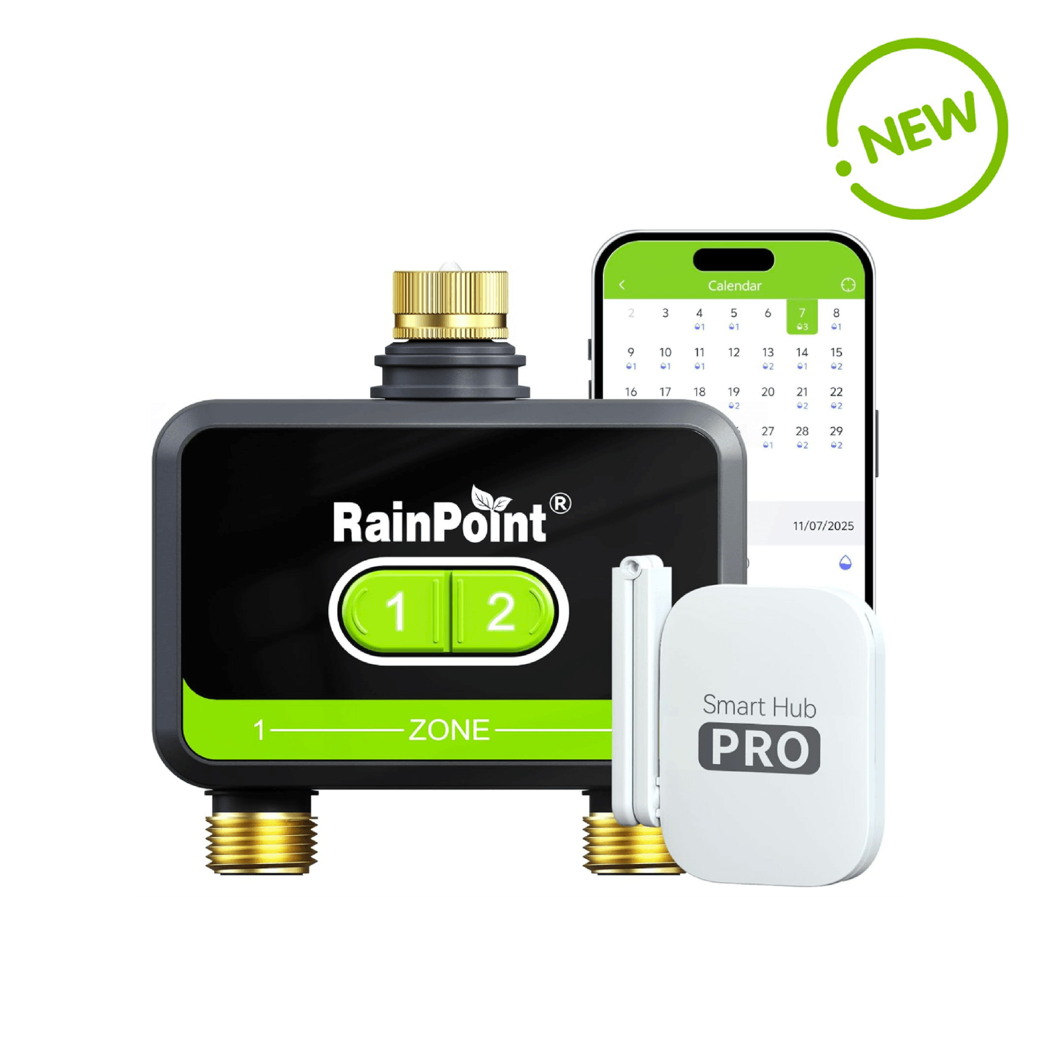 RainPoint smart irrigation system with controller and mobile app interface.