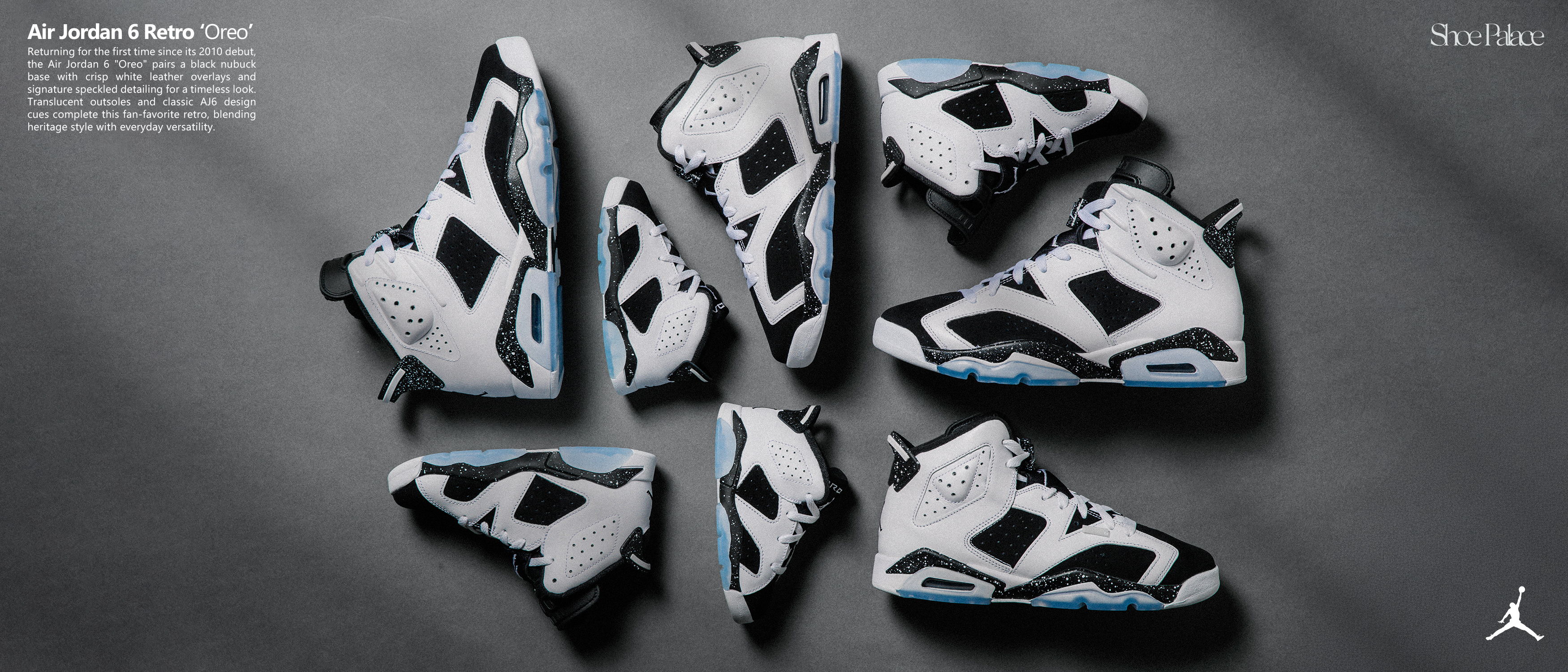 Various pairs of Jordan sneakers arranged in a circular pattern.