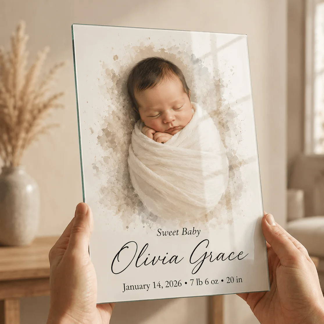 A person holding a framed newborn photo with details and a floral background.