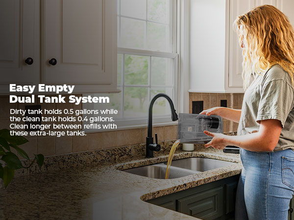 Woman using a dual tank system in a kitchen sink.