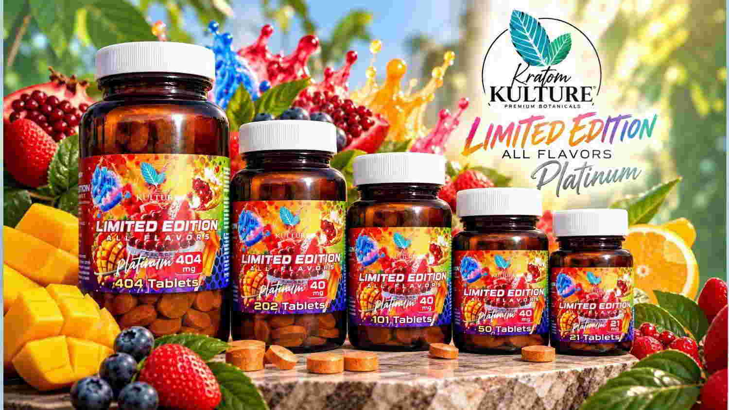 Bottles of vitamins with fruits and a 