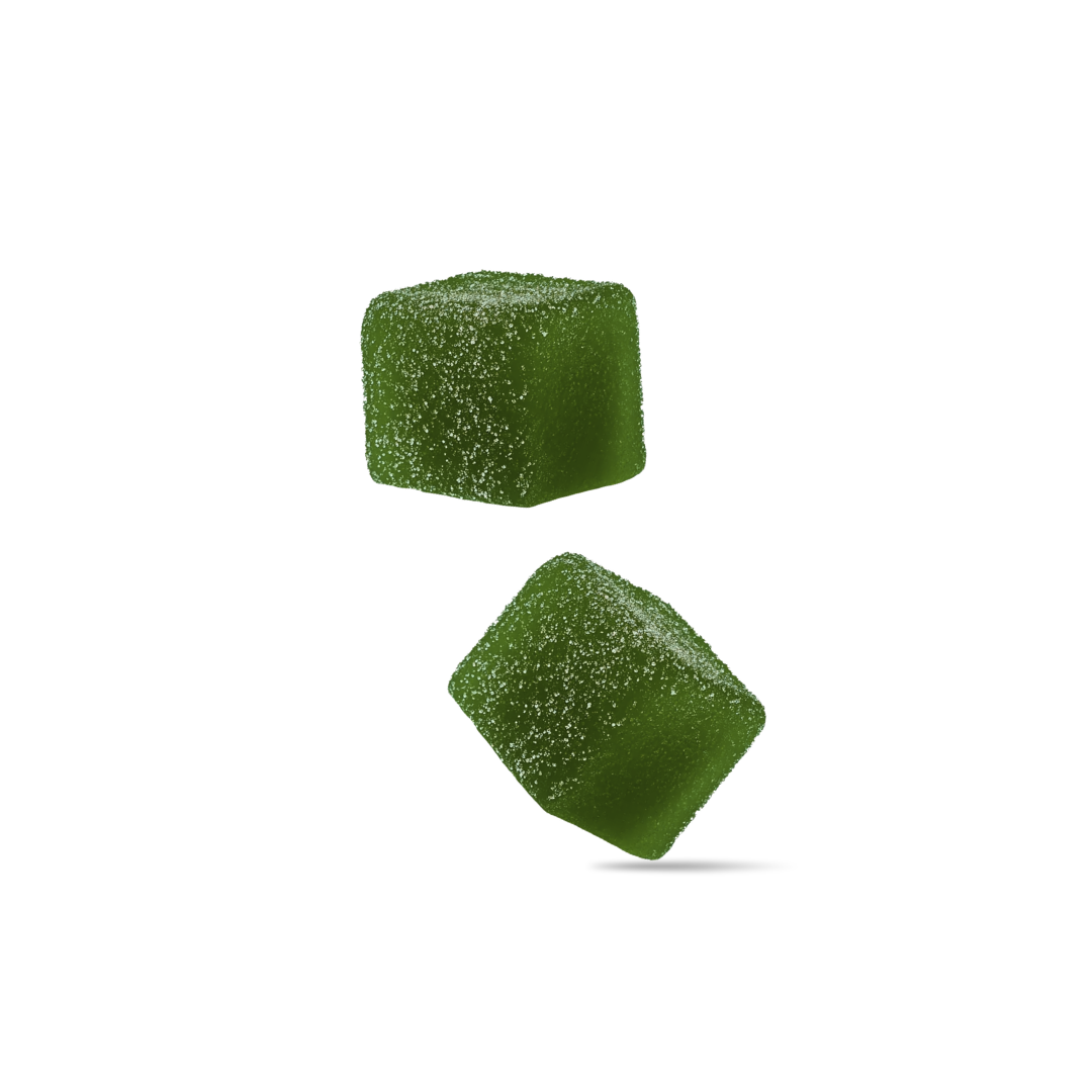 Two green gummy candies on a black background.