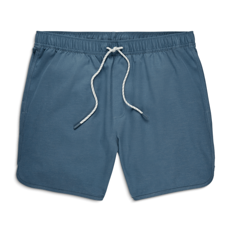 Blue swim shorts with an elastic waistband and drawstring.
