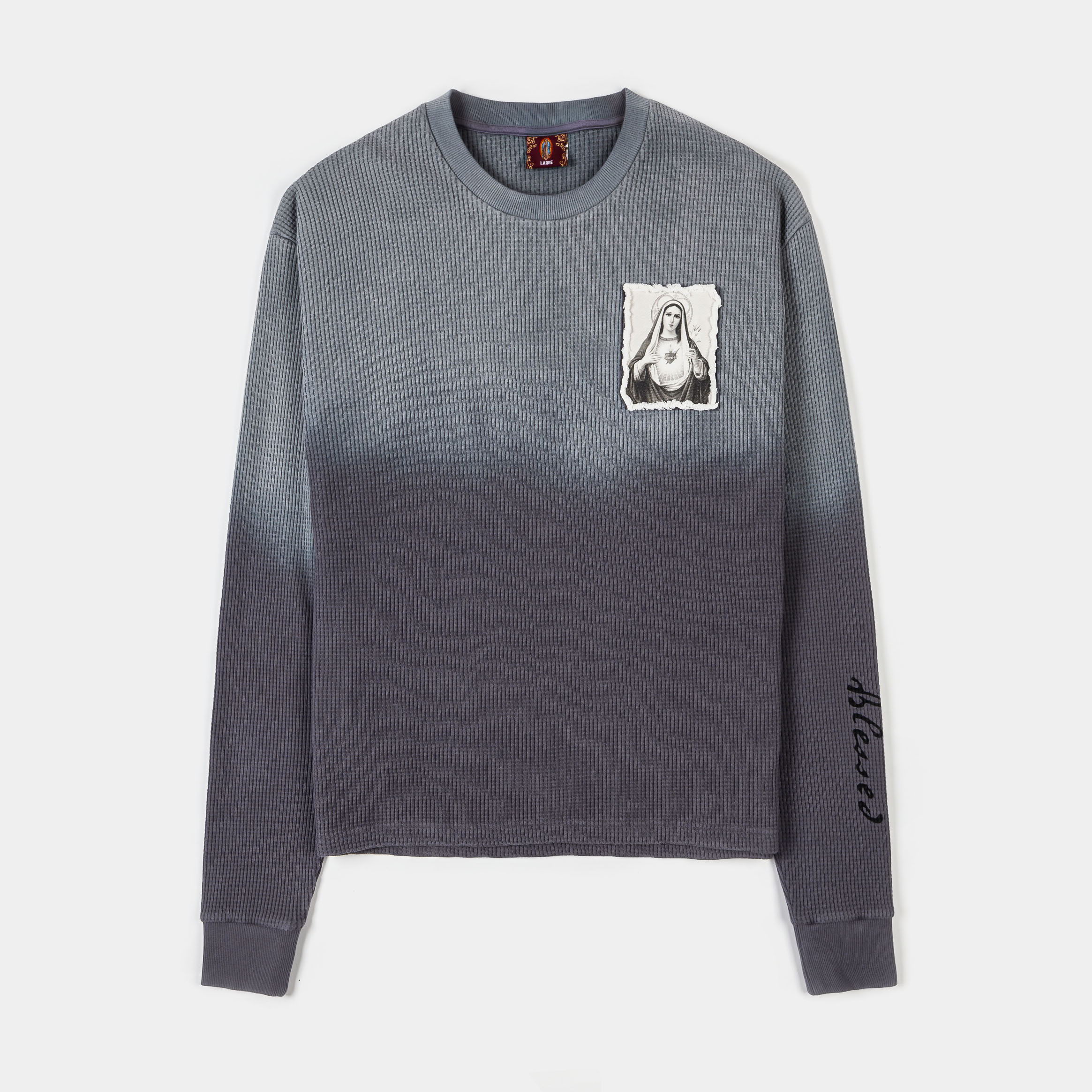 Gray sweatshirt with a gradient design and a graphic on the front.