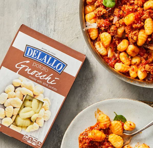 DeLallo Potato Gnocchi used to create a sausage and gnocchi dish.