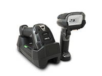 Depicts a barcode scanner in its power cradle and a standalone barcode scanner