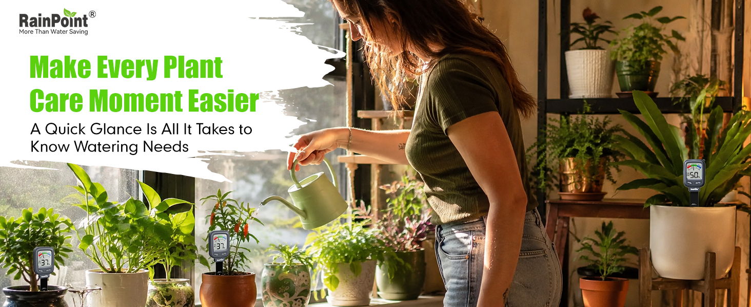 Woman caring for indoor plants with text about plant care ease.