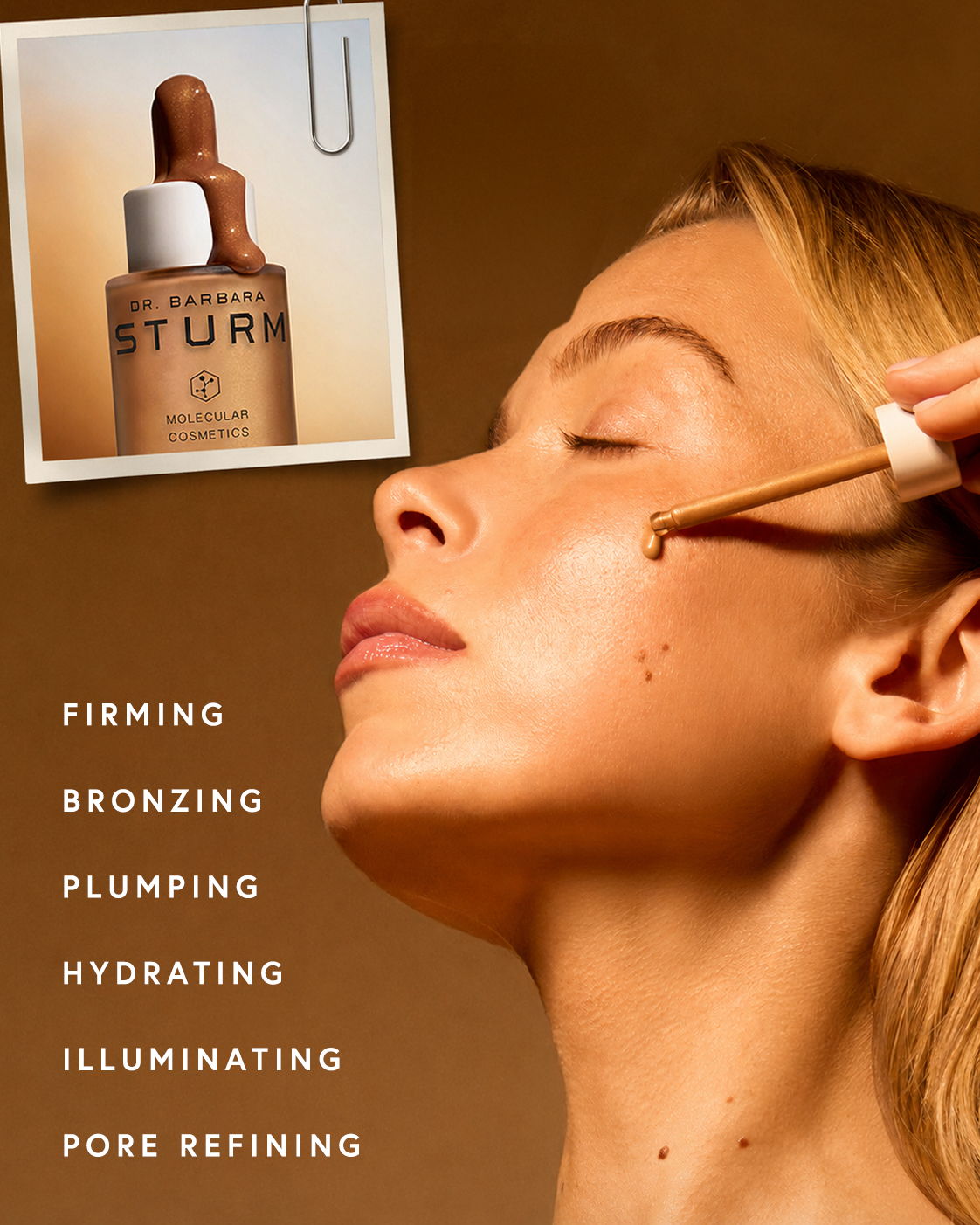 Woman applying serum to her face with product highlights listed alongside.