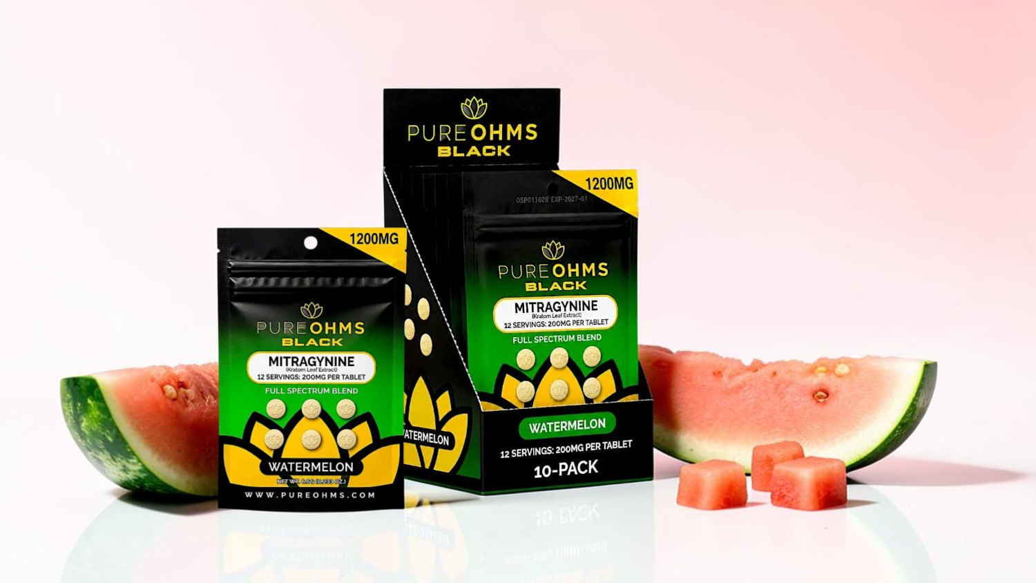 Watermelon slices beside Pure Gummies packaging on a light background.