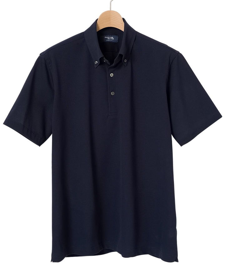 Navy blue short-sleeve polo shirt on a wooden hanger.