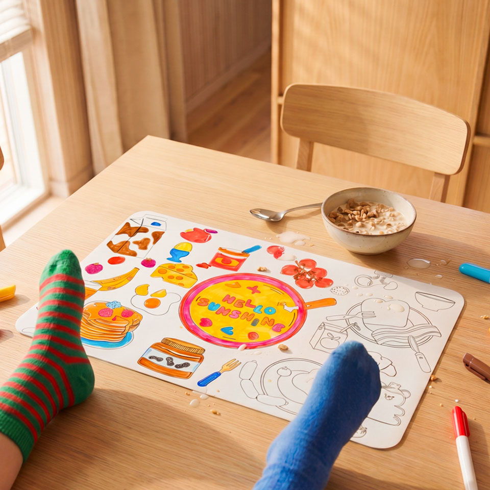 Colorful placemat with food illustrations, feet in socks, and a bowl of cereal.