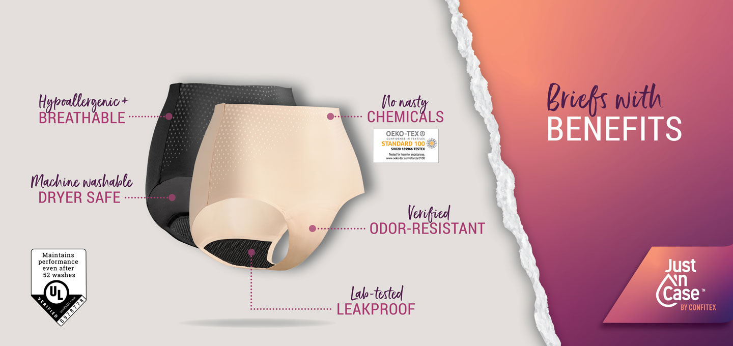 infographic showing benefits of Just'nCase pee-proof panties