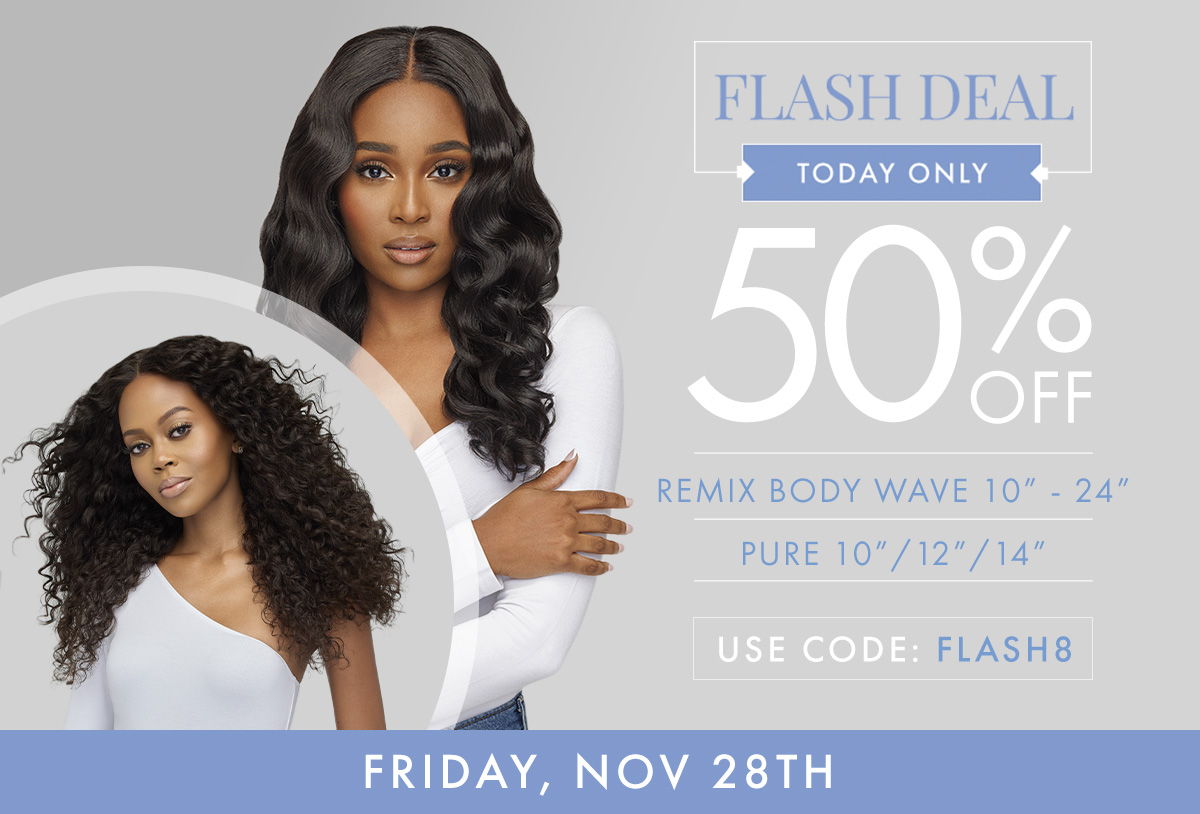 Promotional image for hair products with a 50% discount offer.