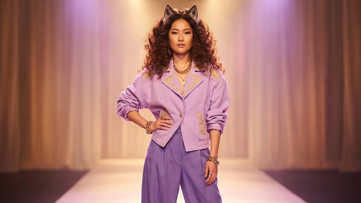 Clawdeen Wolf cosplay runway pose with purple outfit gold accessories and curly hair