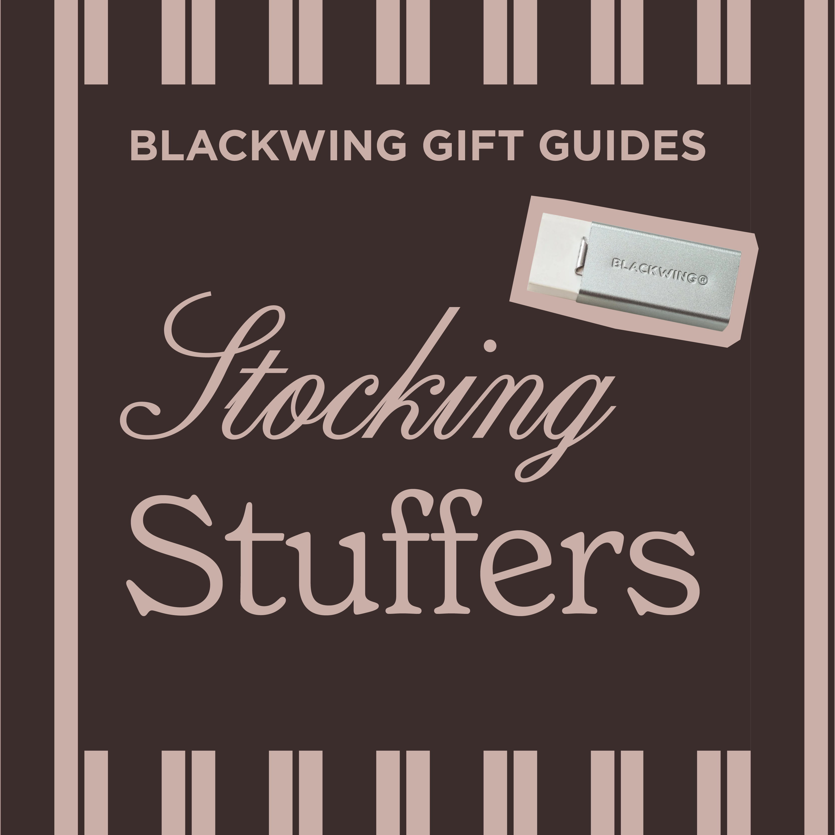 Blackwing Gift Guides: Stocking Stuffers with striped background and showcasing the Silver Handheld Eraser