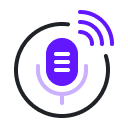 Microphone icon with sound waves, featuring purple and black colors.