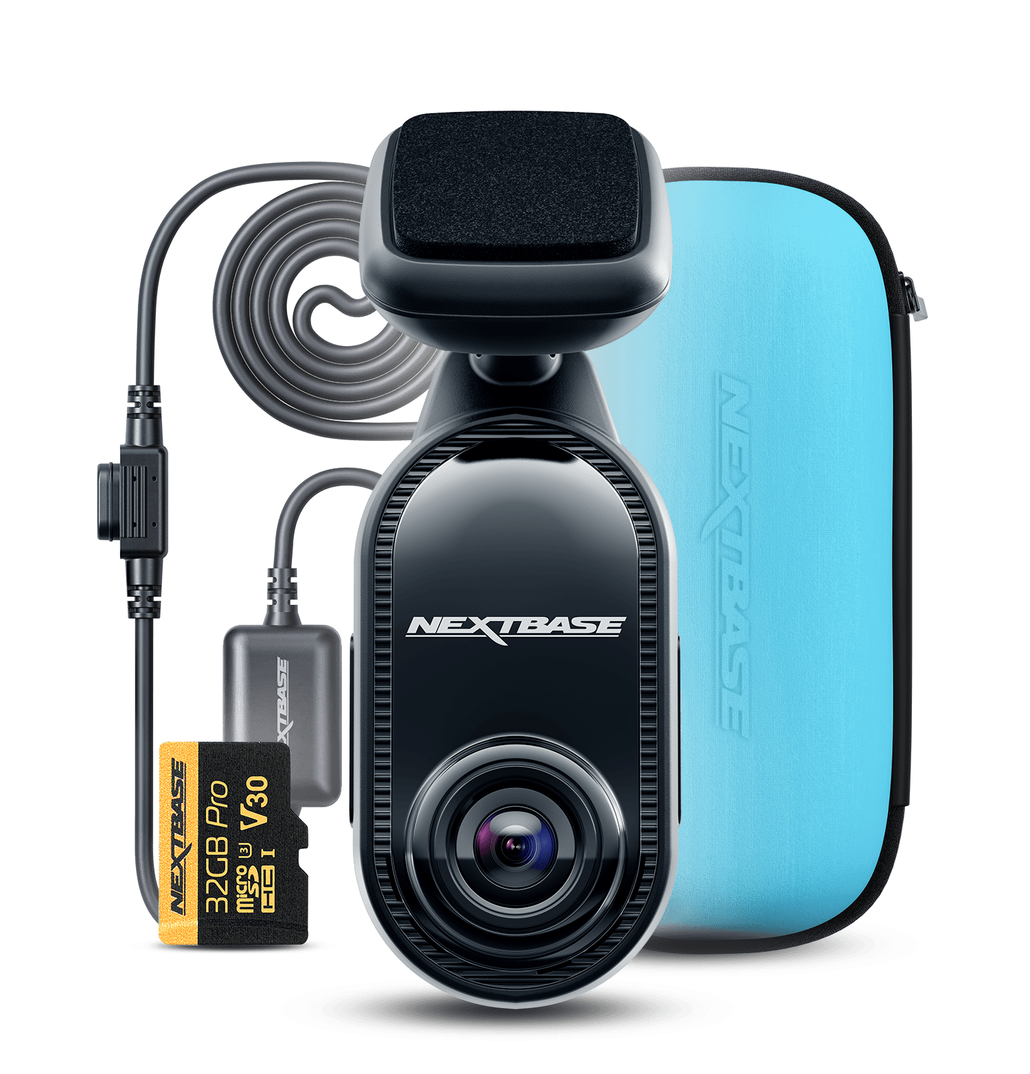 Nextbase dash cam with accessories and a blue carrying case.