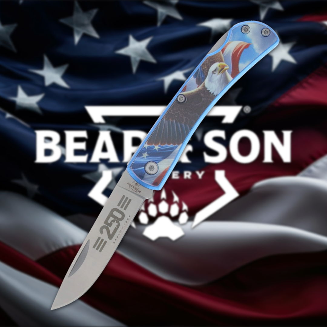 Knife with blue handle over an American flag background and logo.