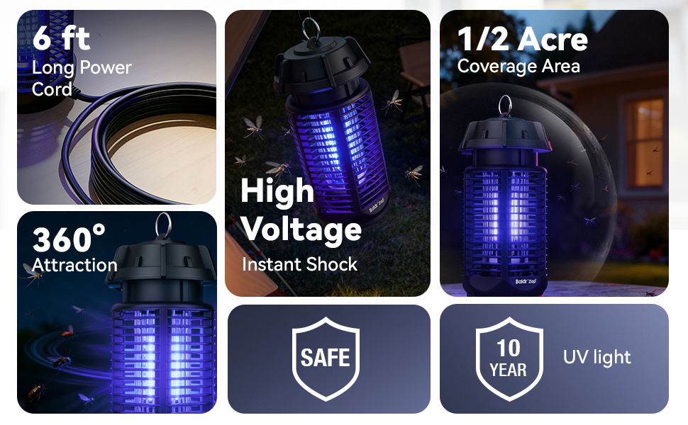 Image showing a pest control device with features and coverage details.