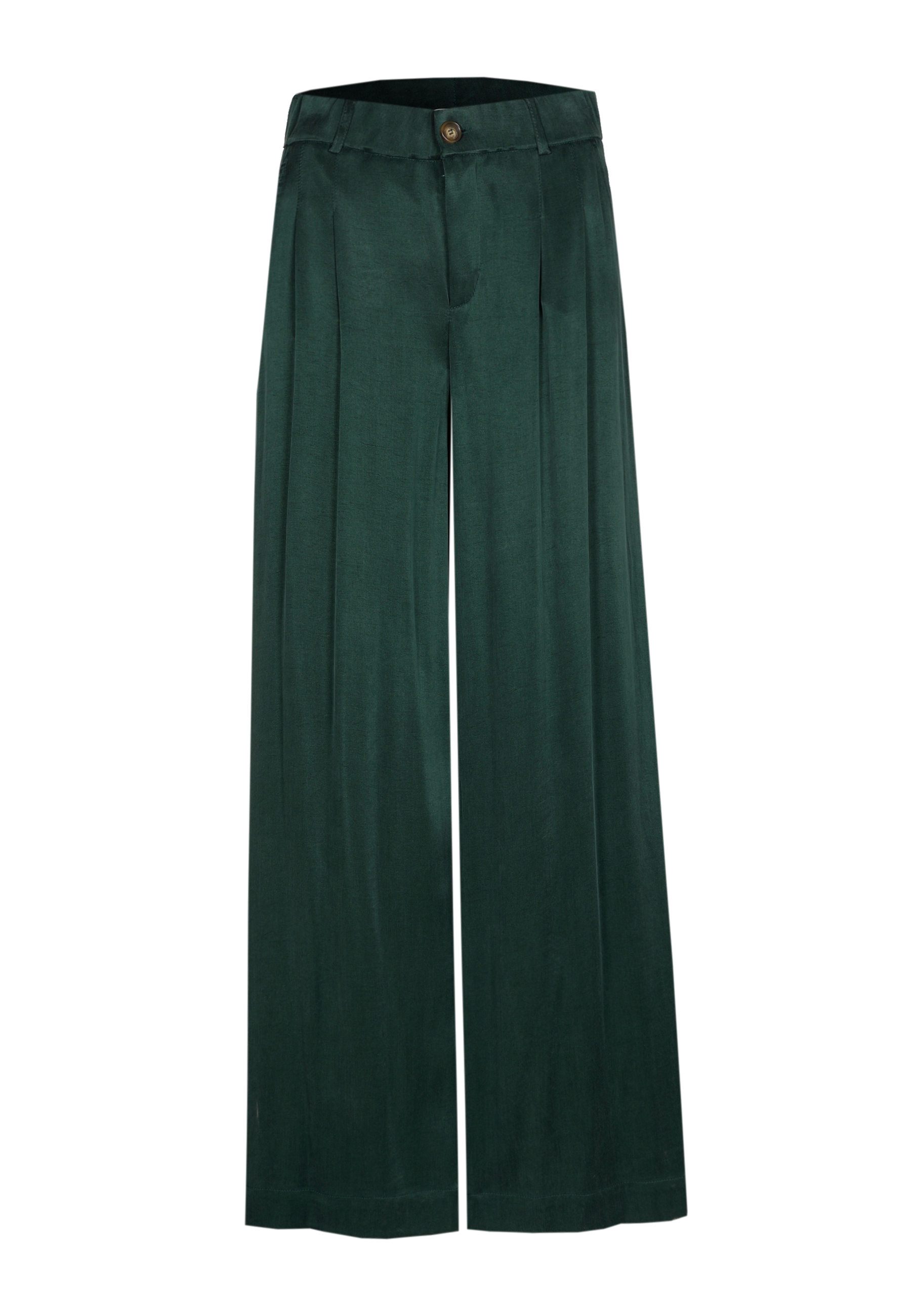 Green wide-leg trousers hanging against a white background.