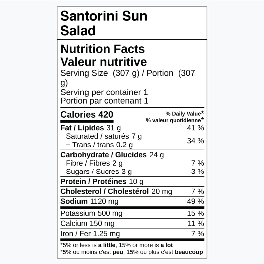 Nutrition facts label for Santorini Sun Salad, including calories and nutrients.