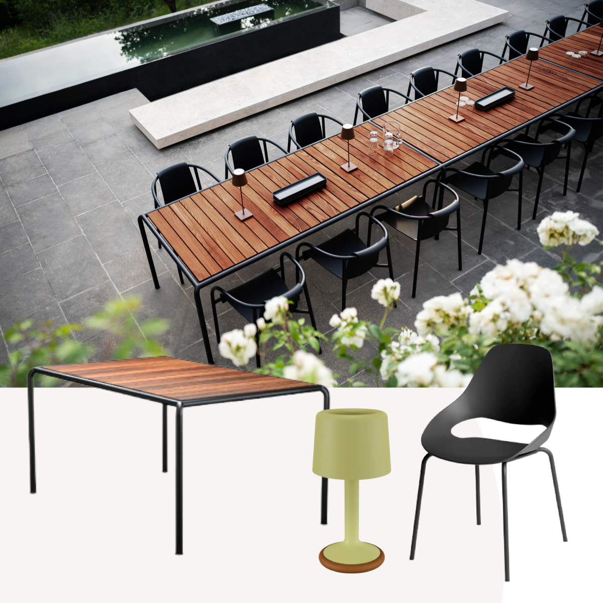 Teak extendable outdoor banquet table with black metal dining armchairs