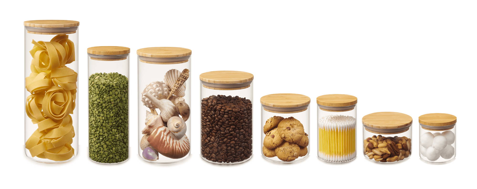 8 different sizes of canisters, used to store all sorts of house hold items from cotton balls to coffee beans and grains.
