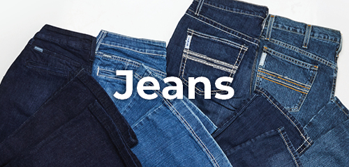 Multiple pairs of jeans displayed with the word 