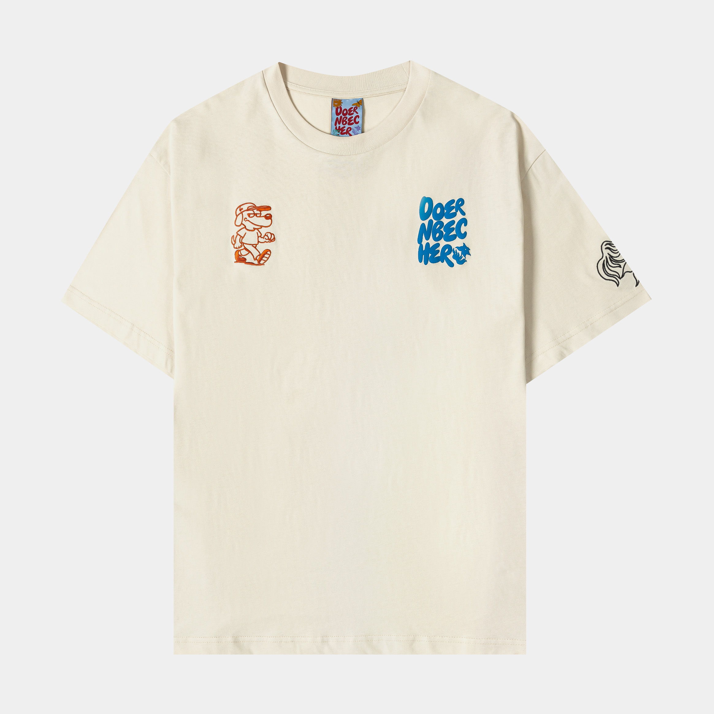 Beige t-shirt with colorful graphic designs on the front and sleeves.
