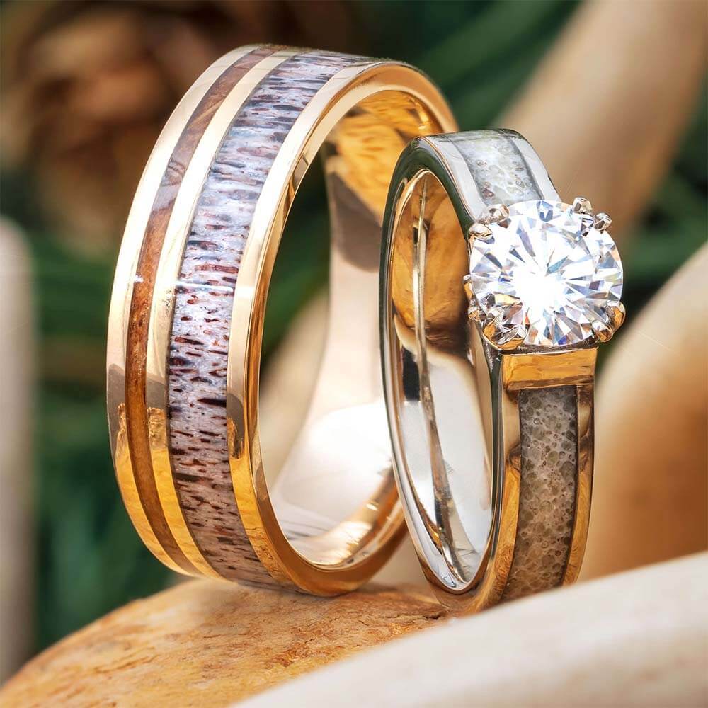 Matching deer antler engagement ring and men's wedding ring