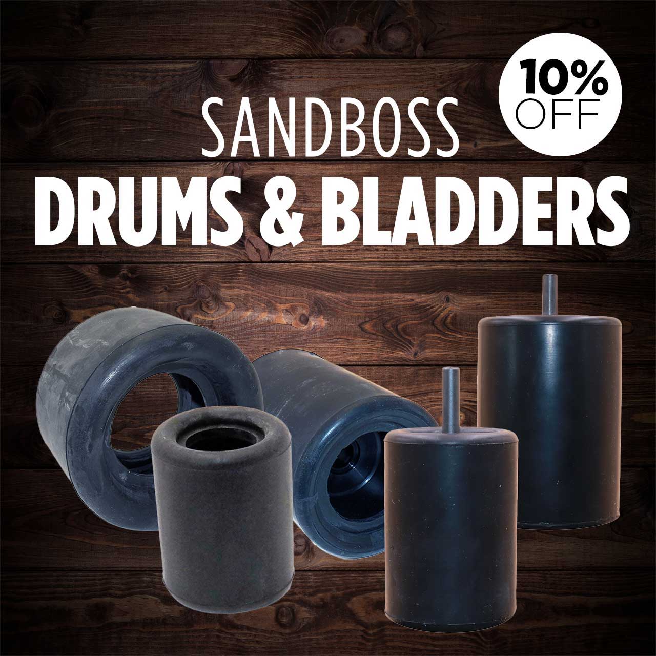Sandboss drums and bladders with a 10% discount offer.