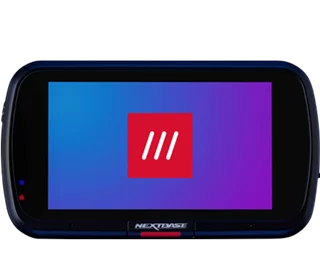 A handheld device displaying a purple gradient with a red logo.