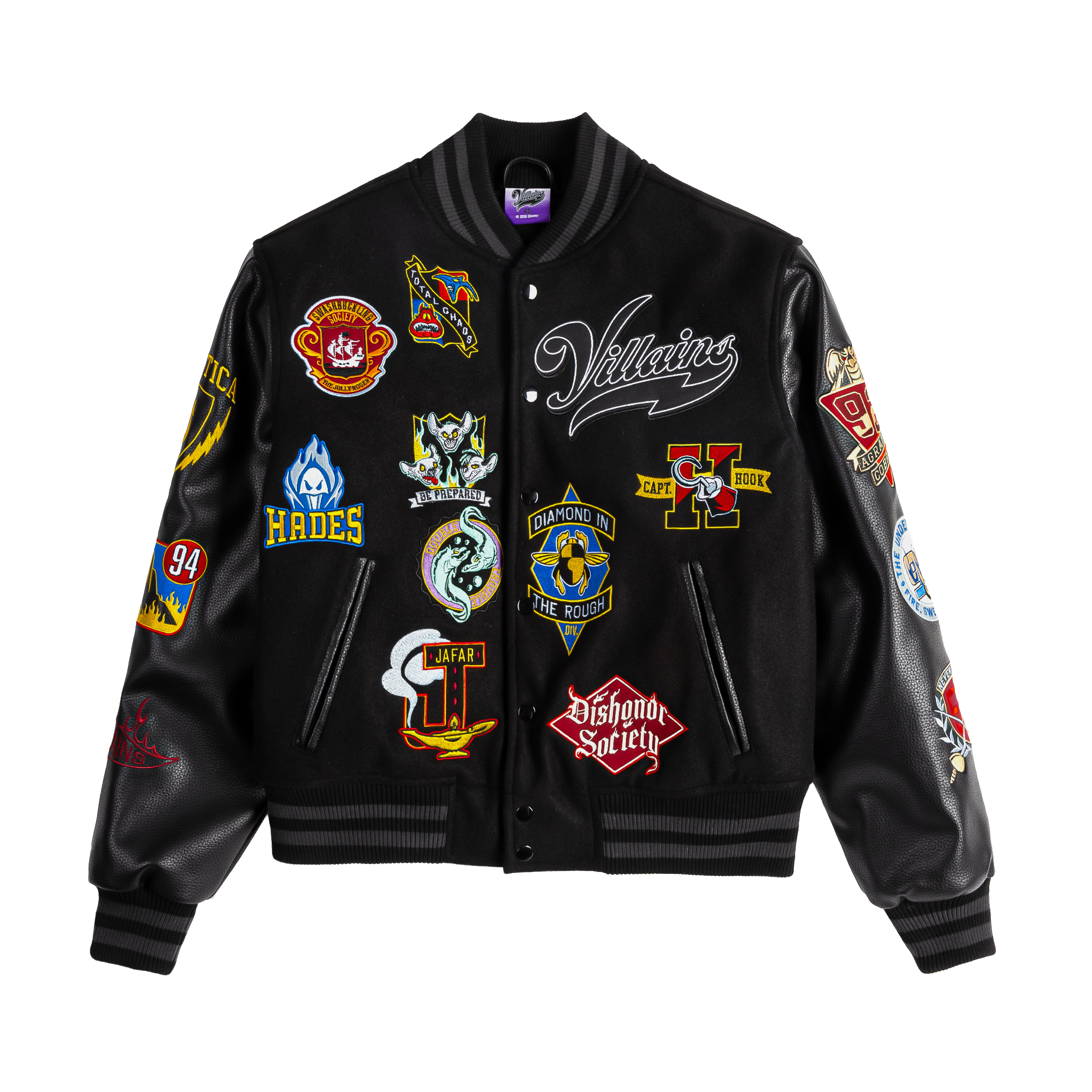 Black varsity jacket with various colorful patches and embroidery.