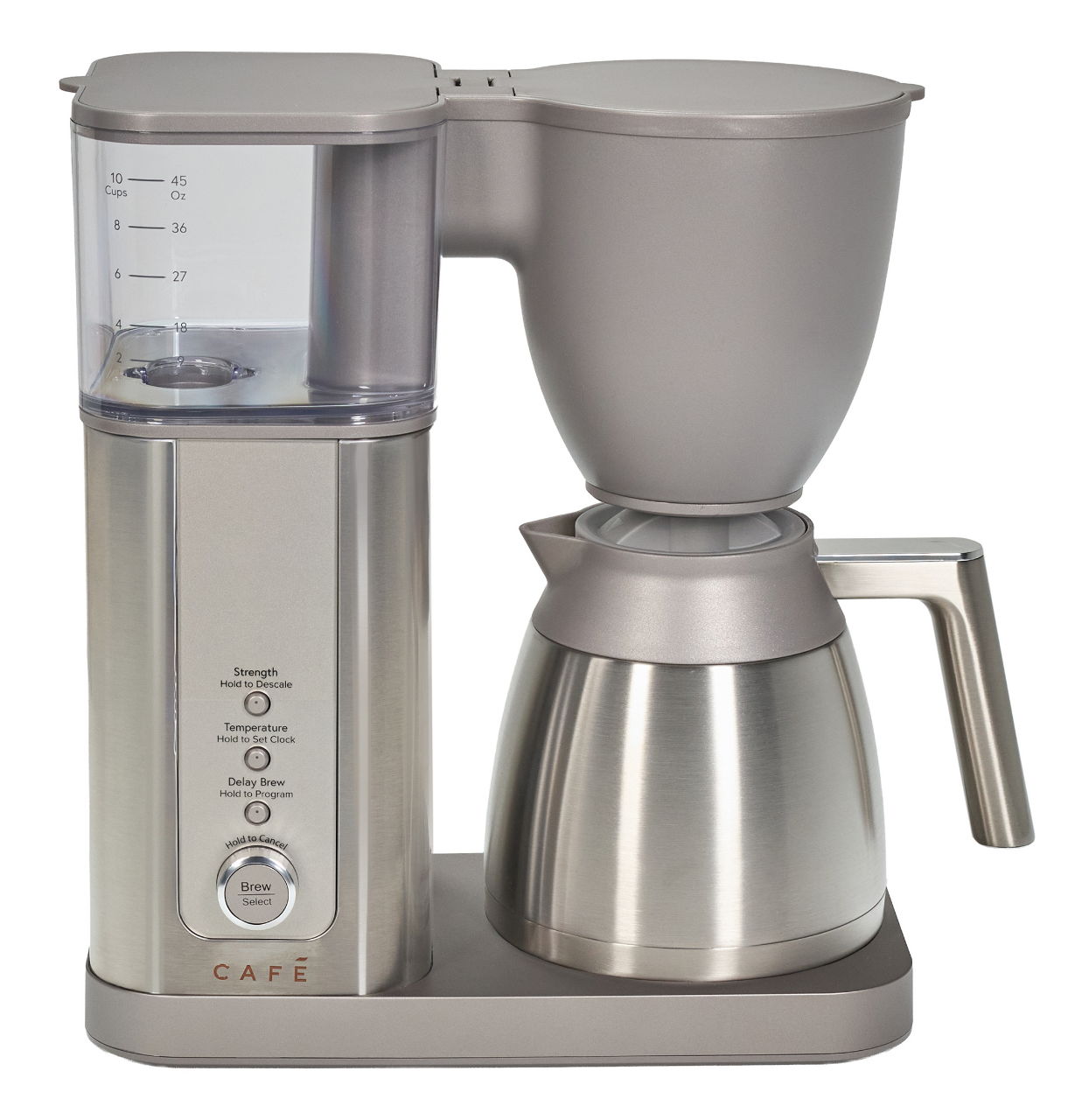 Coffee maker with a stainless steel carafe and water reservoir.