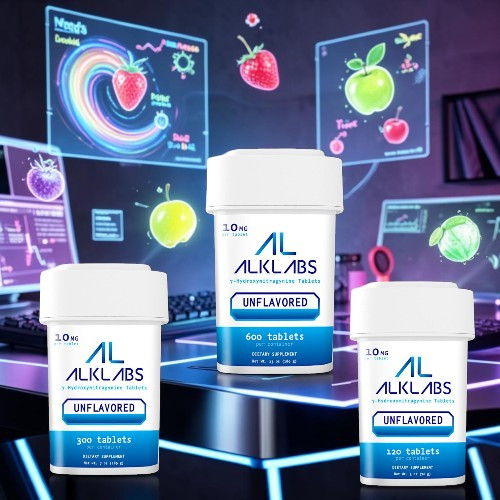 Three ALKLABS containers with digital fruit graphics in a tech background.