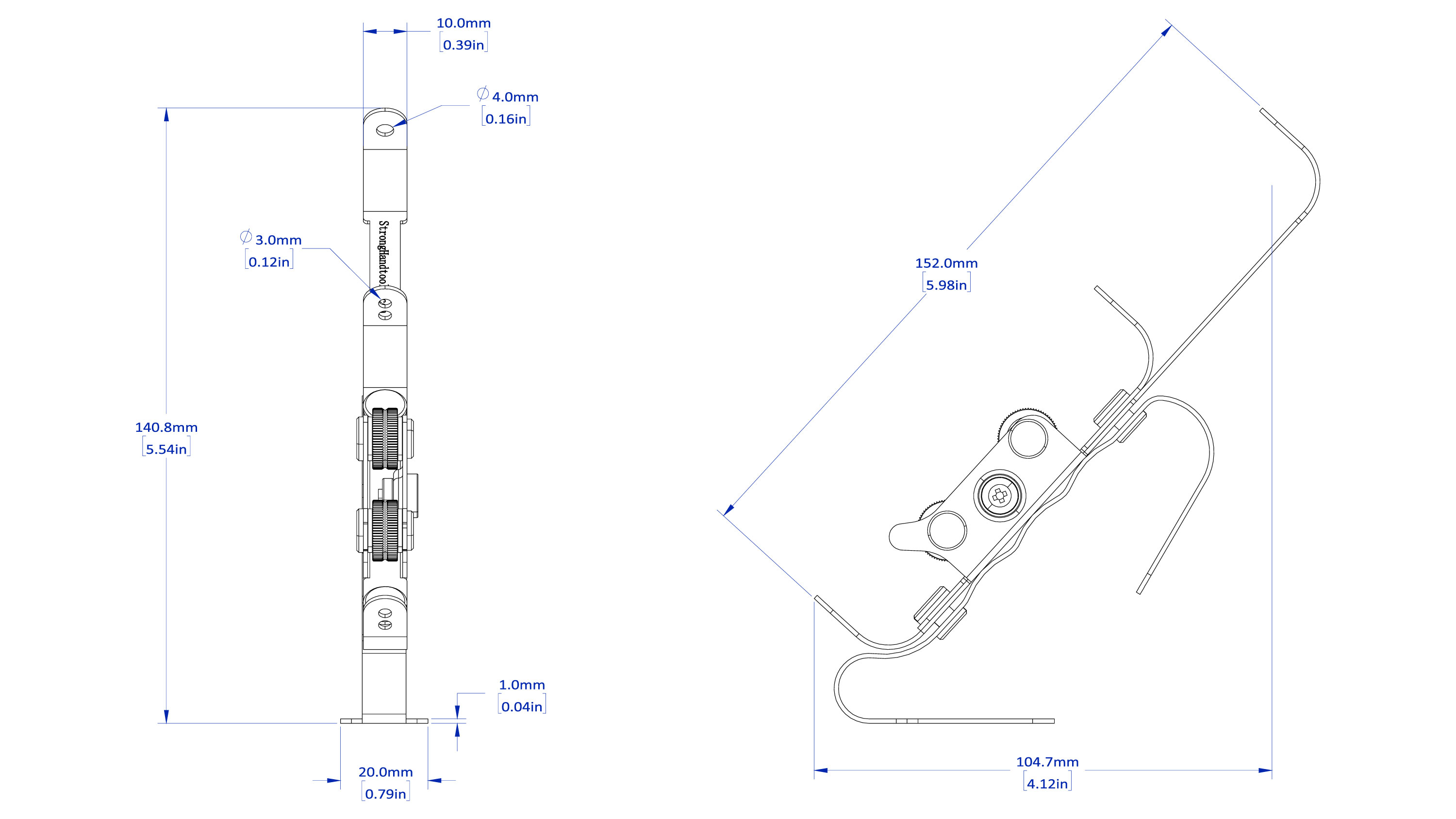 Technical drawing of a device with dimensions and details.