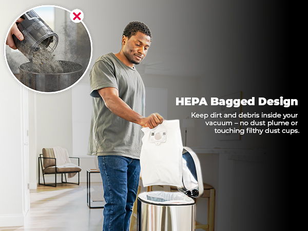 Man disposing of a bag from a HEPA vacuum cleaner.
