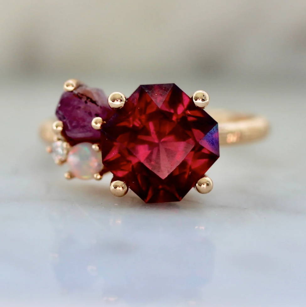Ruby Assymetrical Cluster Ring 