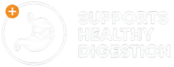 Supports healthy digestion with a stomach icon and checkmark.